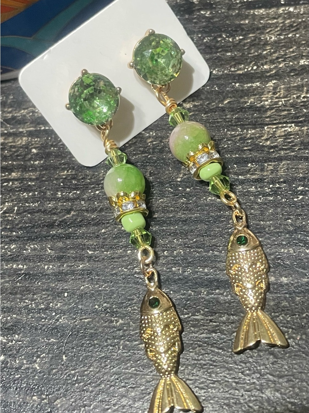 Handcrafted Fish Charm Earrings with Green Beads - Picture 1 of 4